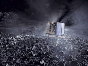 An artist's impression of Rosetta on the surface of comet 67P/Churyumov-Gerasimenko