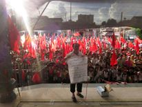 Villager Wei Yonghan makes a speech before assembled Wukan supporters