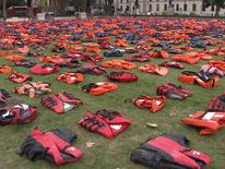 Lifejackets at Parliament Square in refugee protest