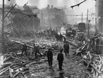 The scene in Farringdon Road, London, after a V-2 rocket had fallen in daylight
