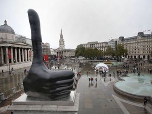 Giant 'thumbs up' unveiled at Trafalgar Square's fourth plinth Giant 'thumbs up' unveiled at Trafalgar Square's fourth plinth