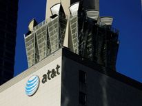 An AT&T logo is shown on a building in downtown Los Angeles