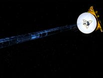 NASA’s New Horizons spacecraft is seen transmitting data back to Earth in an undated artist