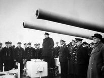 Winston Churchill on board HMS Exeter in February 1940