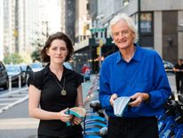Inventor and award winner Isis Shiffer with prize giver James Dyson 