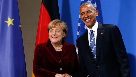 US President Barack Obama shakes hands with German Chancellor Angela Merkel following their a joint news conference in Berlin, Germany, November 17, 2016