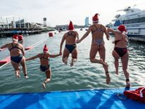 Swimmers jump in for the Copa Nadal (Christmas Cup), a 200m race, in Barcelona