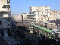 The evacuation started on the battle-scarred streets of Aleppo