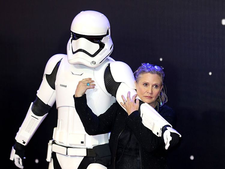 Carrie Fisher attends the European Premiere of Star Wars: The Force Awakens