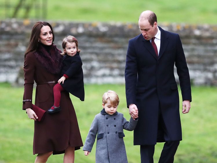 The Duke and Duchess of Cambridge,  with Prince George and Princess Charlotte, attend Christmas Day service in Englefield, Berkshire
