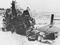 The crashed Beechcraft Bonanza airplane in Iowa, 1959