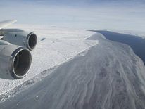 The edge of the Larsen Ice Shelf meets open water and sea ice