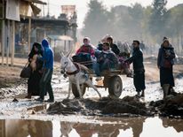 Iraqis ride a donkey-pulled-cart in Mosul's al-Zahraa neighbourhood on January 8, 2017, as they flee with other civilians during an ongoing military operation against Islamic State (IS) group militants. Elite Iraqi forces battling the Islamic State group in eastern Mosul reached the Tigris River that splits the city in two for the first time, a spokesman said