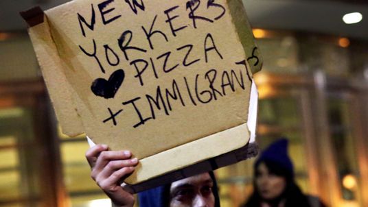 A crowd of protesters gathers outside of the Brooklyn Federal Courthouse as a judge hears a challenge against President Donald Trump&#39;s executive ban on immigration from several Muslim countries, on January 28, 2017 in Brooklyn. The judge issued an emergency stay on part of Trump&#39;s executive order, ruling that sending refugees stopped at U.S. airports back to their countries would be harmful. (Photo by Yana Paskova/Getty Images)