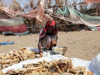 A girl from a poor Yemeni family living in a garbage dump in an impoverished coastal village on the outskirts of the Yemeni port city of Hodeidah, looks through scraps of bread on October 9, 2016.