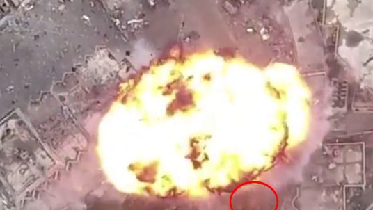 The Sky crew&#39;s vehicle circled as the huge explosion goes off in Mosul