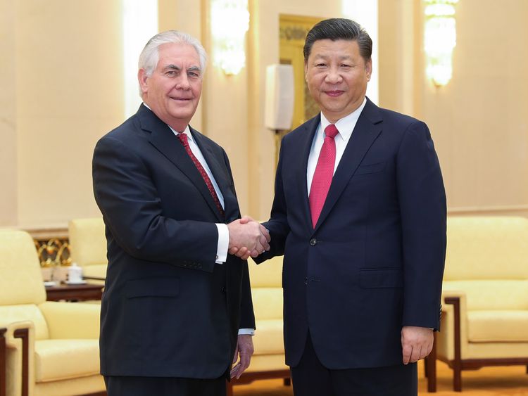 Chinese President Xi Jinping shakes hands with US secretary of state Rex Tillerson