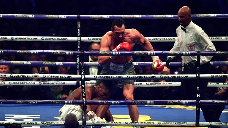 LONDON, ENGLAND - APRIL 29: Anthony Joshua (White Shorts) and Wladimir Klitschko (Gray Shorts) in action during the IBF, WBA and IBO Heavyweight World Tit