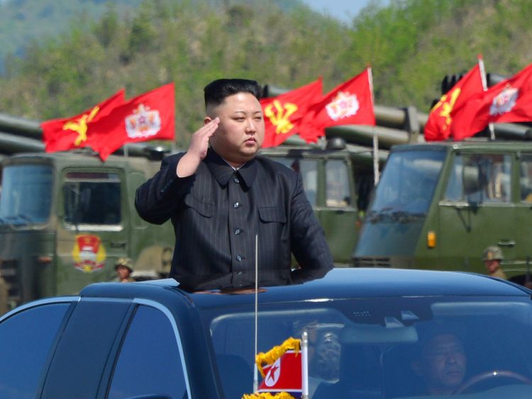 North Korea's leader Kim Jong Un watches a military drill marking the 85th anniversary of the establishment of the Korean People's Army (KPA) in this handout photo by North Korea's Korean Central News Agency (KCNA) made available on April 26, 2017
