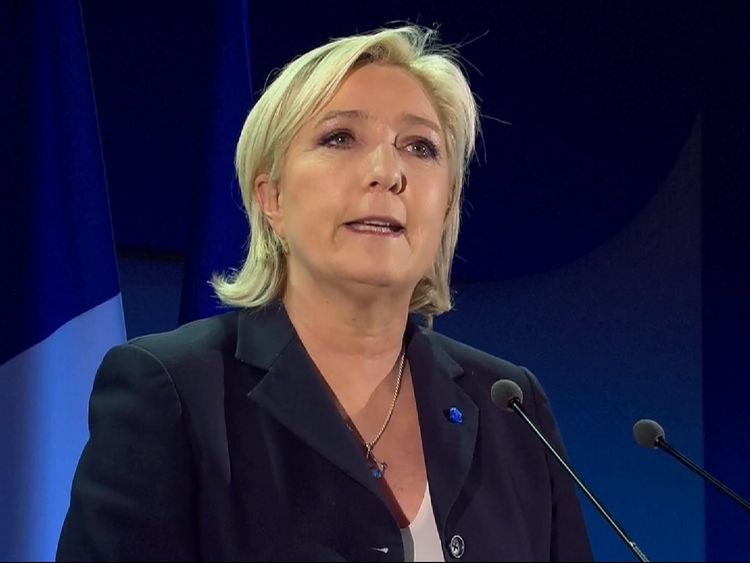 Marine Le Pen addresses the crowd after the first round of the French presidential Election
