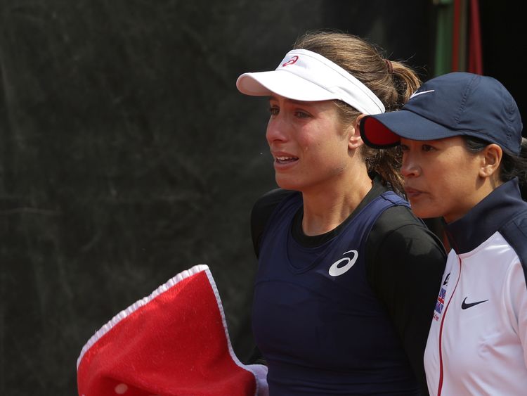 Britain&#39;s Johanna Konta cries while leaving the tennis court during the Fed Cup Group II play-off match between Romania and Great Britain