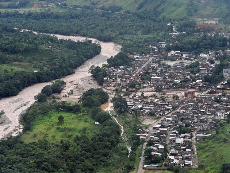An aerial view shows a flooded area after heavy rains caused several rivers to overflow, pushing sediment and rocks into buildings and roads in Mocoa, Colombia April 1, 2017