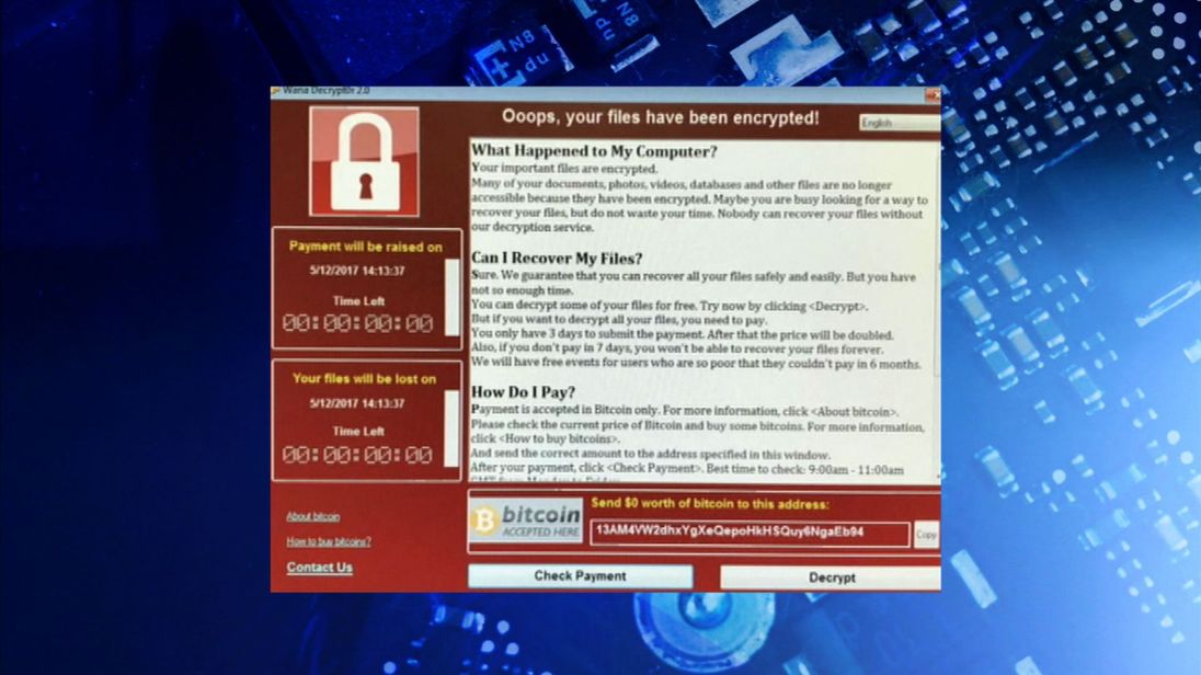 The message demanding payment seen on NHS computers in some parts of the country. Pic HSJ