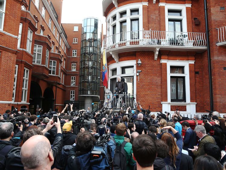Dozens of people had gathered outside the Ecuadorian embassy to hear Assange speak