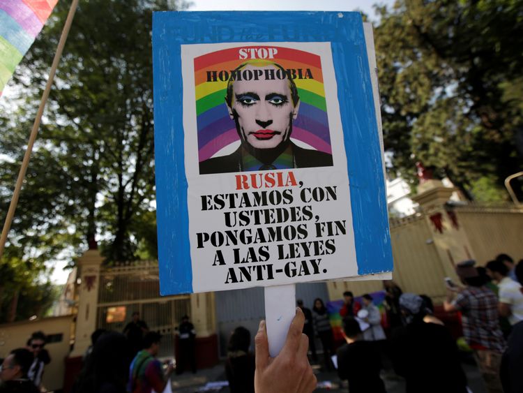 A member of the LGBT community, holds a placardduring a protest outside the Russian embassy, for the constant discrimination and violence against the gay community in Chechnya and other regions of Russia, in Mexico City, Mexico April 19, 2017