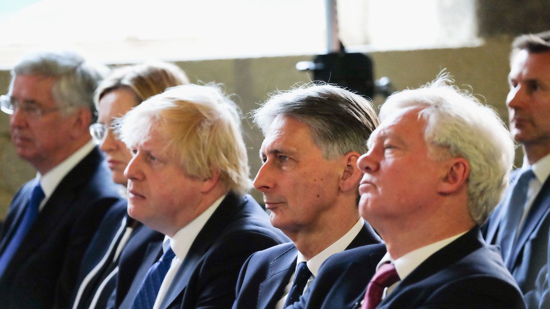 Sir Michael Fallon, Amber Rudd, Boris Johnson, Philip Hammond and David Davis listen to the PM during the election campaign