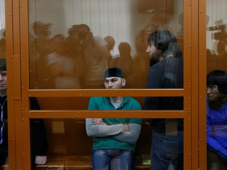 Suspects Temirlan Eskerkhanov, Shadid Gubashev, Zaur Dadayev and Anzor Gubashev attend hearing in Moscow