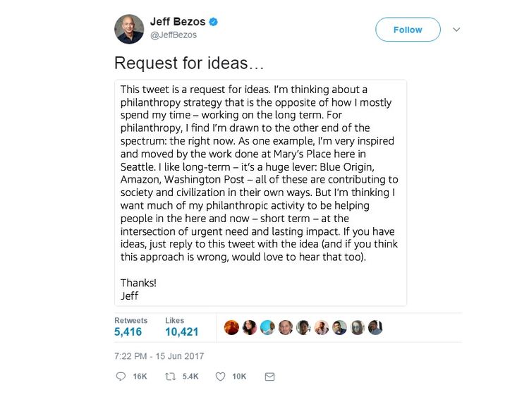 Jeff Bezos asked Twitter to suggest targets for his charity