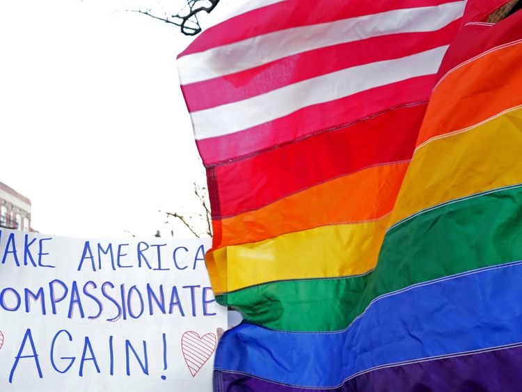 NEW YORK - FEBRUARY 04: Crowds gather for an LGBT Solidarity Rally in protest of the Donald Trump Administration in front of Stonewall Inn on February 04, 2017 in New York City. (Photo by Yana Paskova/Getty Images)