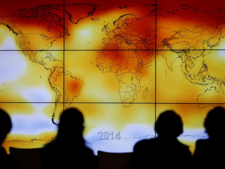 A world map with climate anomalies shown at the World Climate Change Conference 2015 