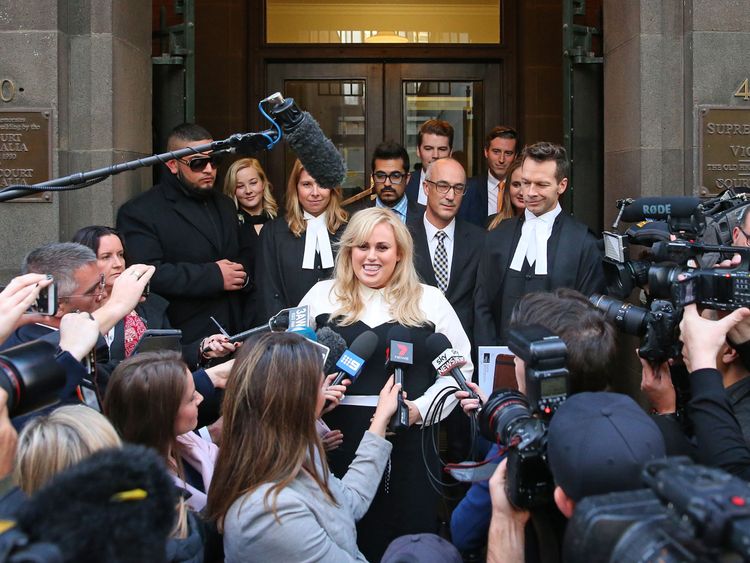 Rebel Wilson speaks to the media as she leaves the Victorian Supreme Court