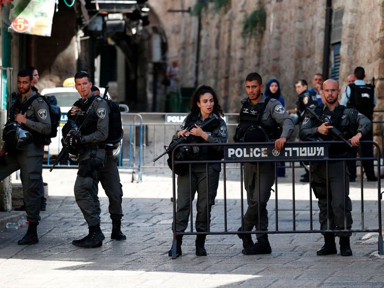 Israeli security forces guard one of the entrances to the al Aqsa mosque compound
