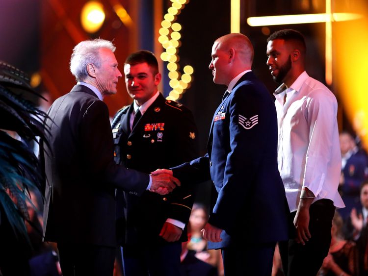 CULVER CITY, CA - JUNE 04: (L-R) Actor/director Clint Eastwood, honorees Specialist Alek Skarlatos, Airman First Class Spencer Stone, and Anthony Sadler attend Spike TV&#39;s 10th Annual Guys Choice Awards at Sony Pictures Studios on June 4, 2016 in Culver City, California. (Photo by Mark Davis/Getty Images for Spike TV)
