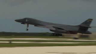 A B1 Bomber flies from the USAF base on Guam