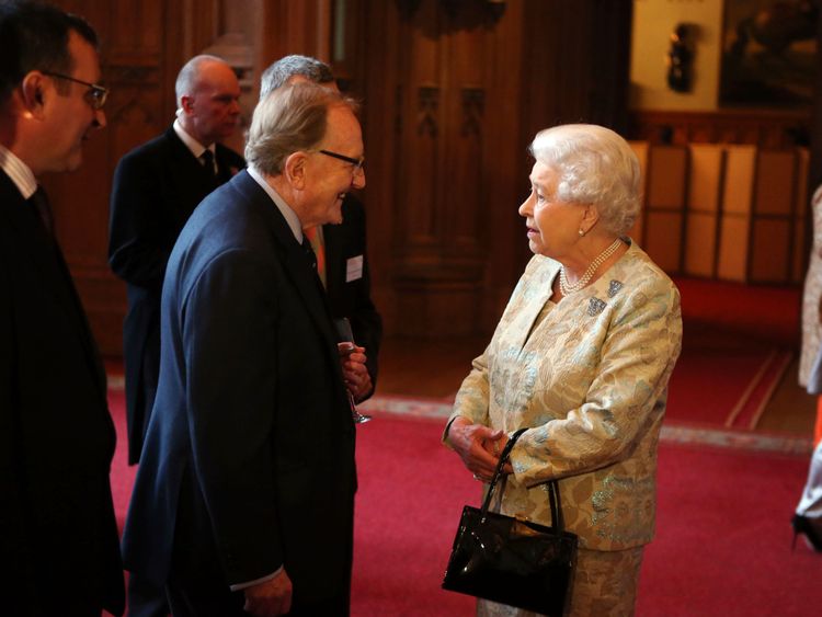 Robert Hardy and the Queen at a reception for the British Film Industry at Windsor Castle in 2013