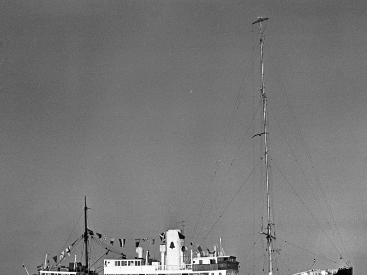 Radio Caroline North, the pirate radio station, at her anchorage off Ramsey, Isle of Man in 1966