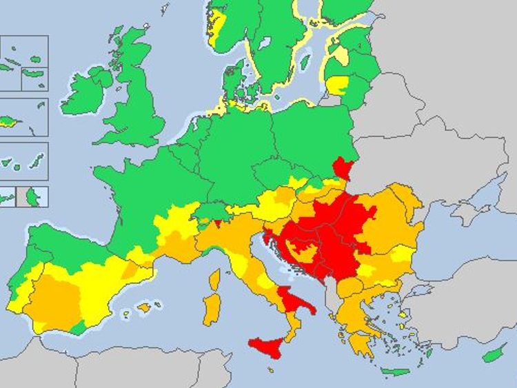 Meteoalarm showing red and orange weather alerts