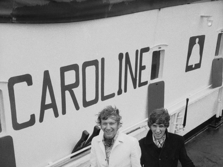 DJs Robbie Dale (left) and Johnnie Walker, of ship-based pirate radio station Radio Caroline at Felixstowe after the British government outlawed the station under the Marine Broadcasting Offences Act, 14th August 1967