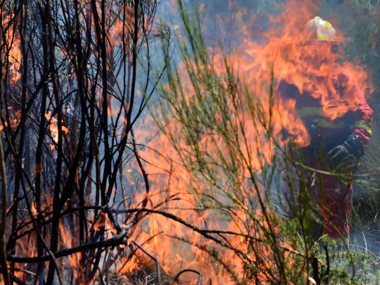 A member of the UME (Emergency Military Unit) fights a wildfire behind flames in Vilardevos, northwestern Spain, on August 4, 2017. / AFP PHOTO / MIGUEL RIOPA (Photo credit should read MIGUEL RIOPA/AFP/Getty Images)
