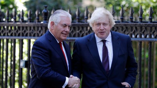LONDON, ENGLAND - MAY 26: British Foreign Secretary Boris Johnson (R) greets US secretary of state Rex Tillerson, outside Carlton Gardens on May 26, 2017 in London, England. Rex Tillerson has arrived in London to show support for the UK after the Manchester terrorist attack. (Photo by Adrian Dennis-WPA Pool/Getty Images)