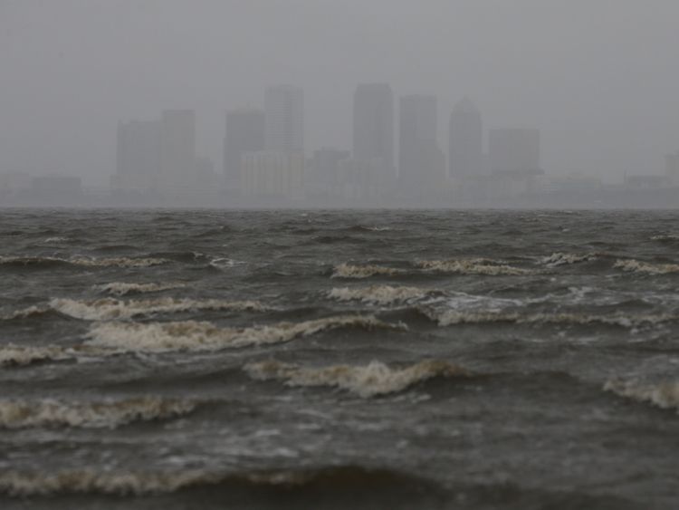 The Tampa skyline is pictured across Hillsborough Bay ahead of the arrival of Hurricane Irma