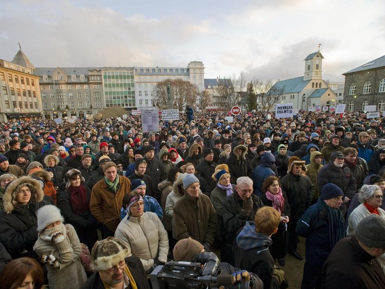 People demonstrate against the government on November 29, 2008 in Reykjavik, during a weekly protest over the global financial crisis which saw Icelandic banks suffer heavy losses