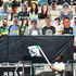 Moenchengladbach's Marcus Thuram celebrates in front of the cardboard cut outs with photos of Moenchengladbach fans displayed on the stands during the Bundesliga match between Borussia Moenchengladbach and 1. FC Union Berlin at Borussia-Park on May 31, 2020 in Moenchengladbach, Germany