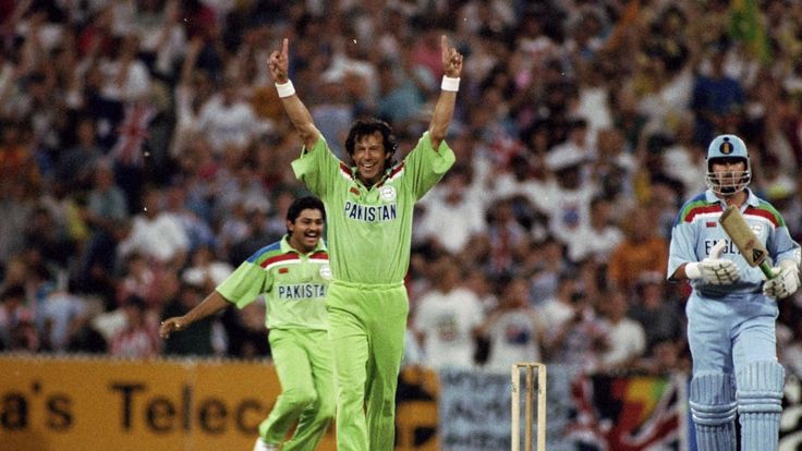 25 Mar 1992:  Imran Khan of Pakistan celebrates after taking the wicket of Richard Illingworth of England to win the World Cup Final at the Melbourne Crick