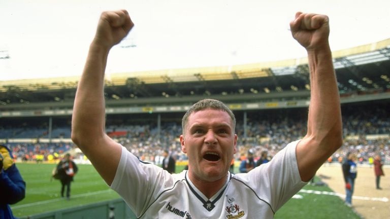 1991:  Paul Gascoigne #8 of Tottenham Hotspur celebrates their win after the FA Cup Semi-Final against Arsenal at Wembley Stadium in London. Tottenham Hots