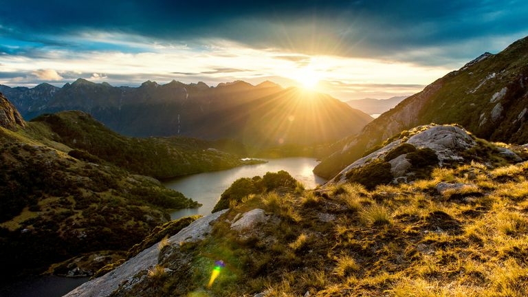 Unique sunrise view in the mountains of Fiordland, New Zealand.
